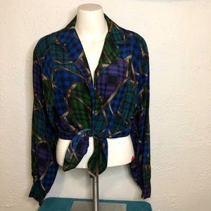 Vintage 100% Silk Button Up Plaid Abstract Top